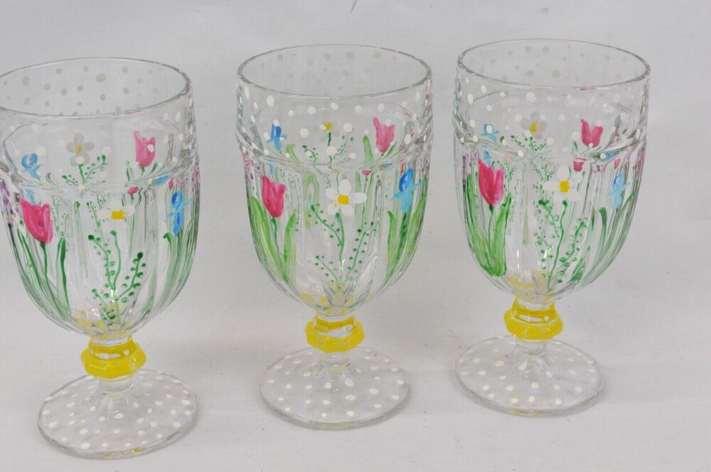 Set of 3 Hand Painted Floral Glass Goblets Wine Glasses Vintage Style 6.75"